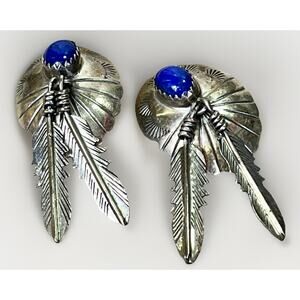 VTG Navajo Style Sterling Silver Feather Earrings w/ Blue Lapis Cabochon 9.6g